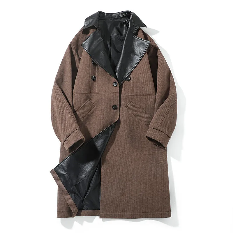 Men's solid colour loose fit youth trench coat in black, Korean winter style with patch pockets