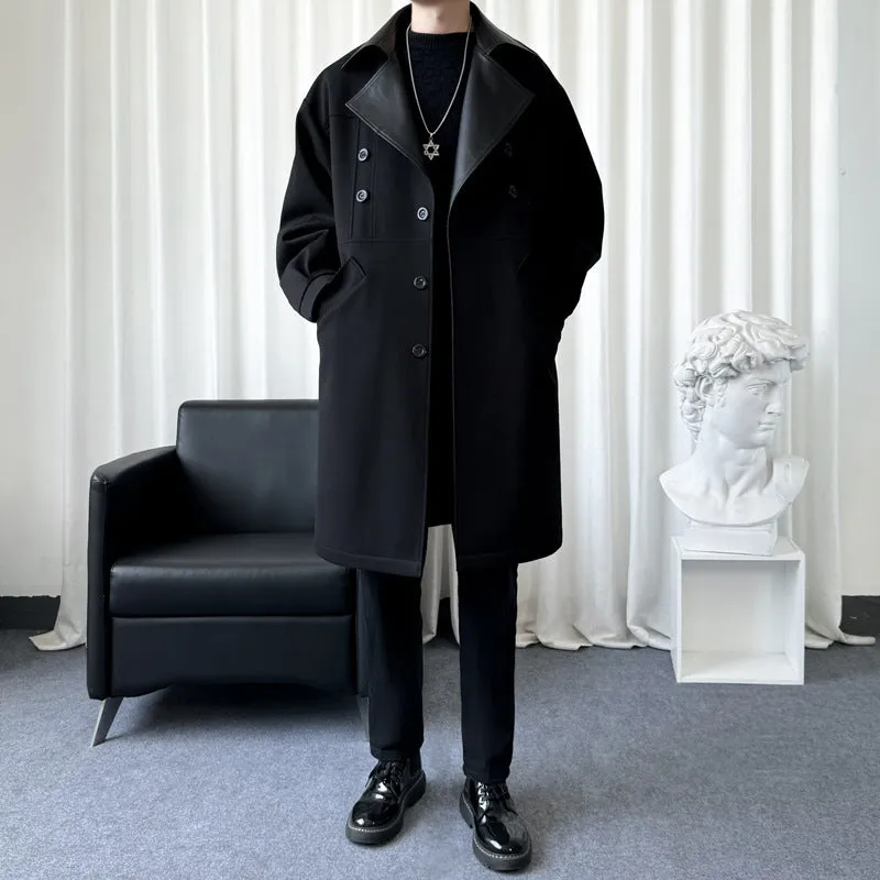 Men's solid colour loose fit youth trench coat in black, Korean winter style with patch pockets
