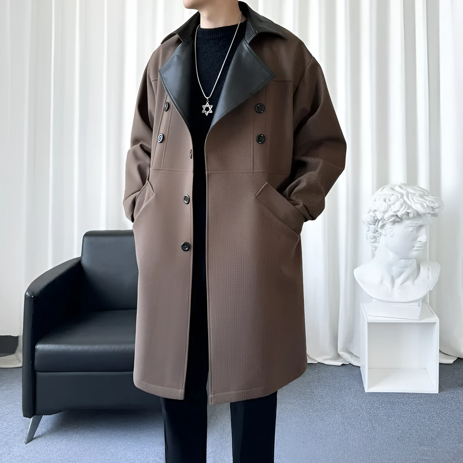 Men's solid colour loose fit youth trench coat in black, Korean winter style with patch pockets