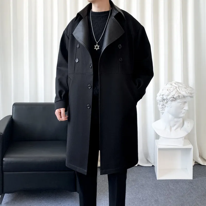 Men's solid colour loose fit youth trench coat in black, Korean winter style with patch pockets