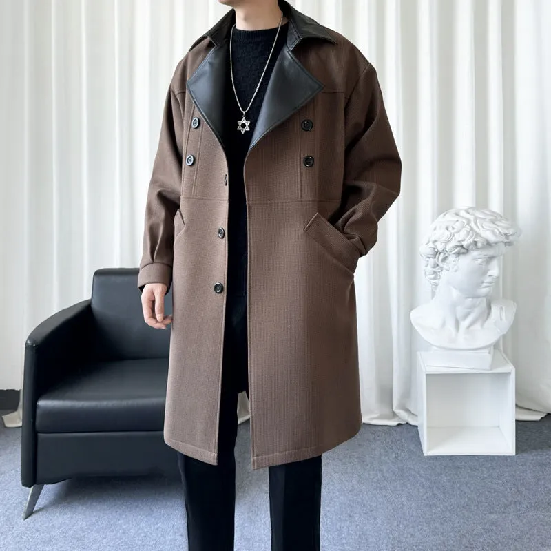 Men's solid colour loose fit youth trench coat in black, Korean winter style with patch pockets