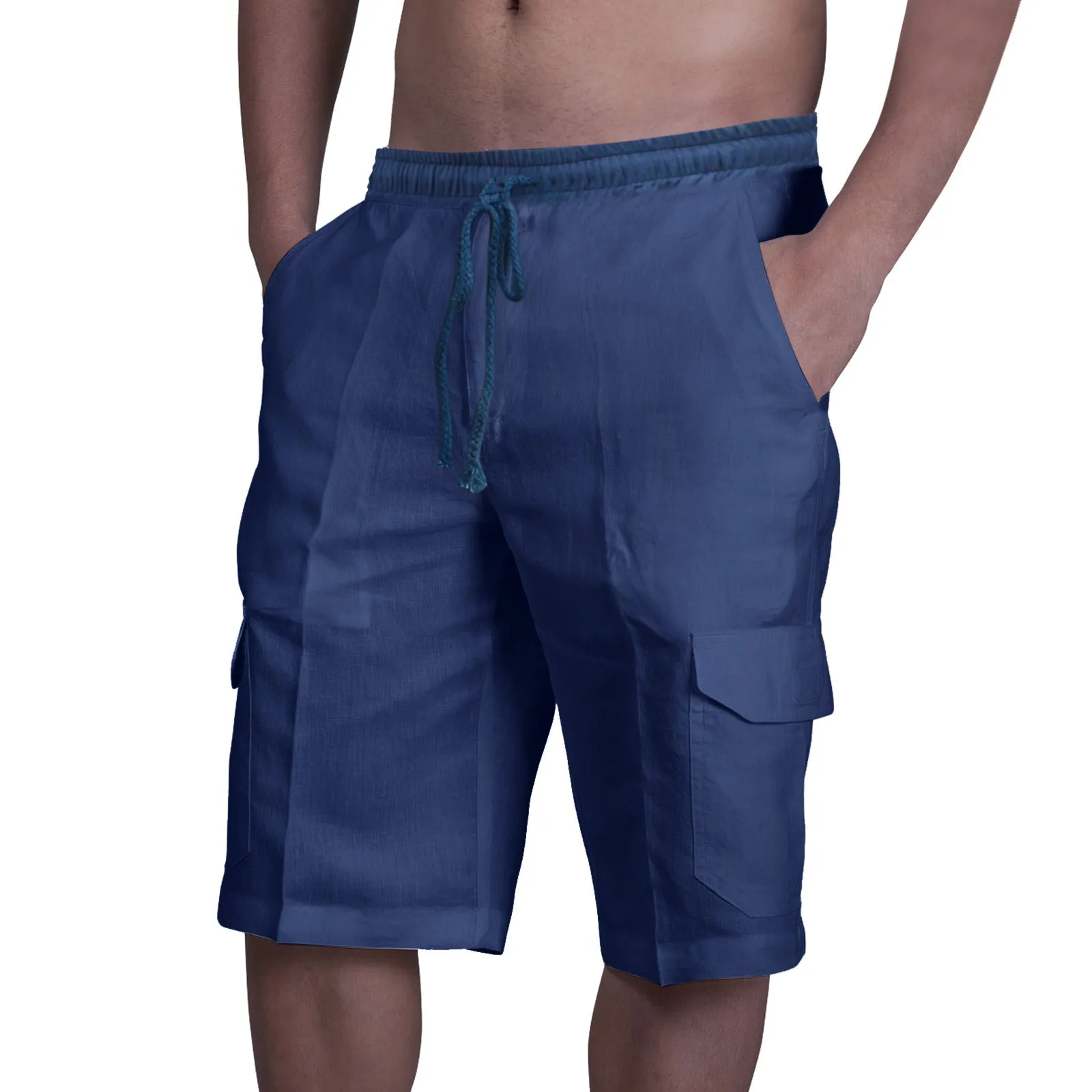 Men's cotton linen multi-pocket tie beach cargo pants in khaki, front view