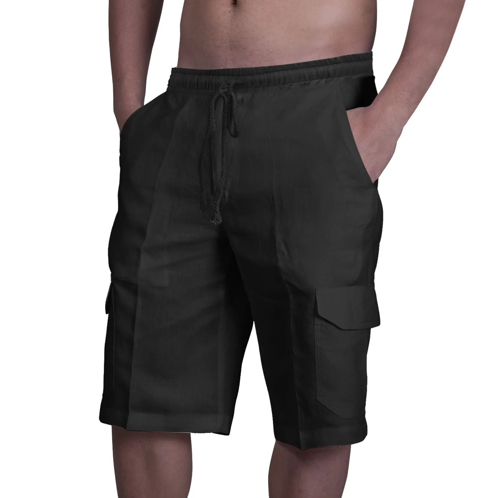 Men's cotton linen multi-pocket tie beach cargo pants in khaki, front view