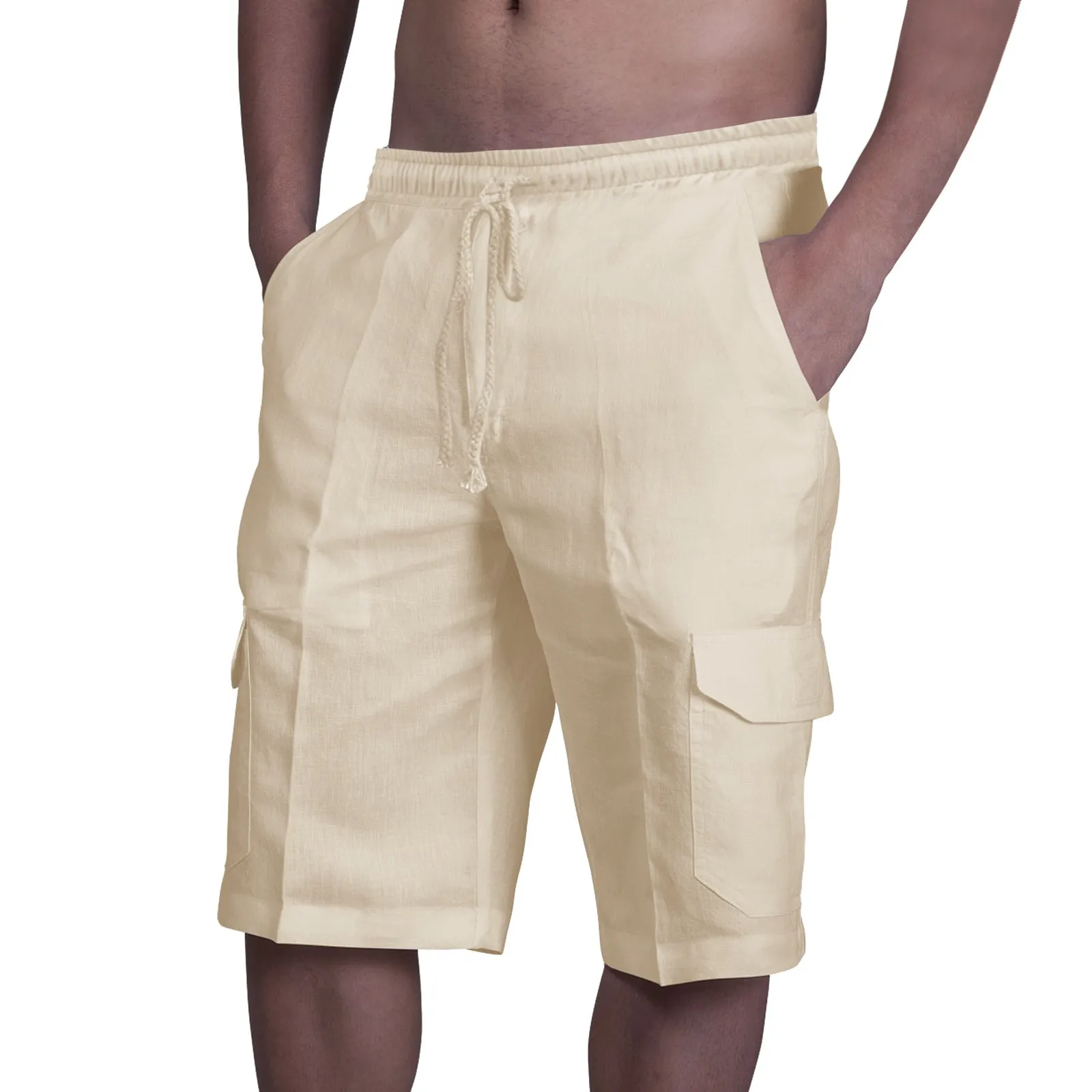 Men's cotton linen multi-pocket tie beach cargo pants in khaki, front view