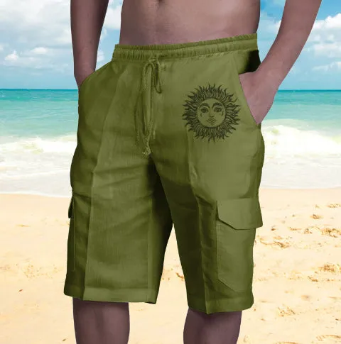 Men's cotton linen multi-pocket tie beach cargo pants in khaki, front view