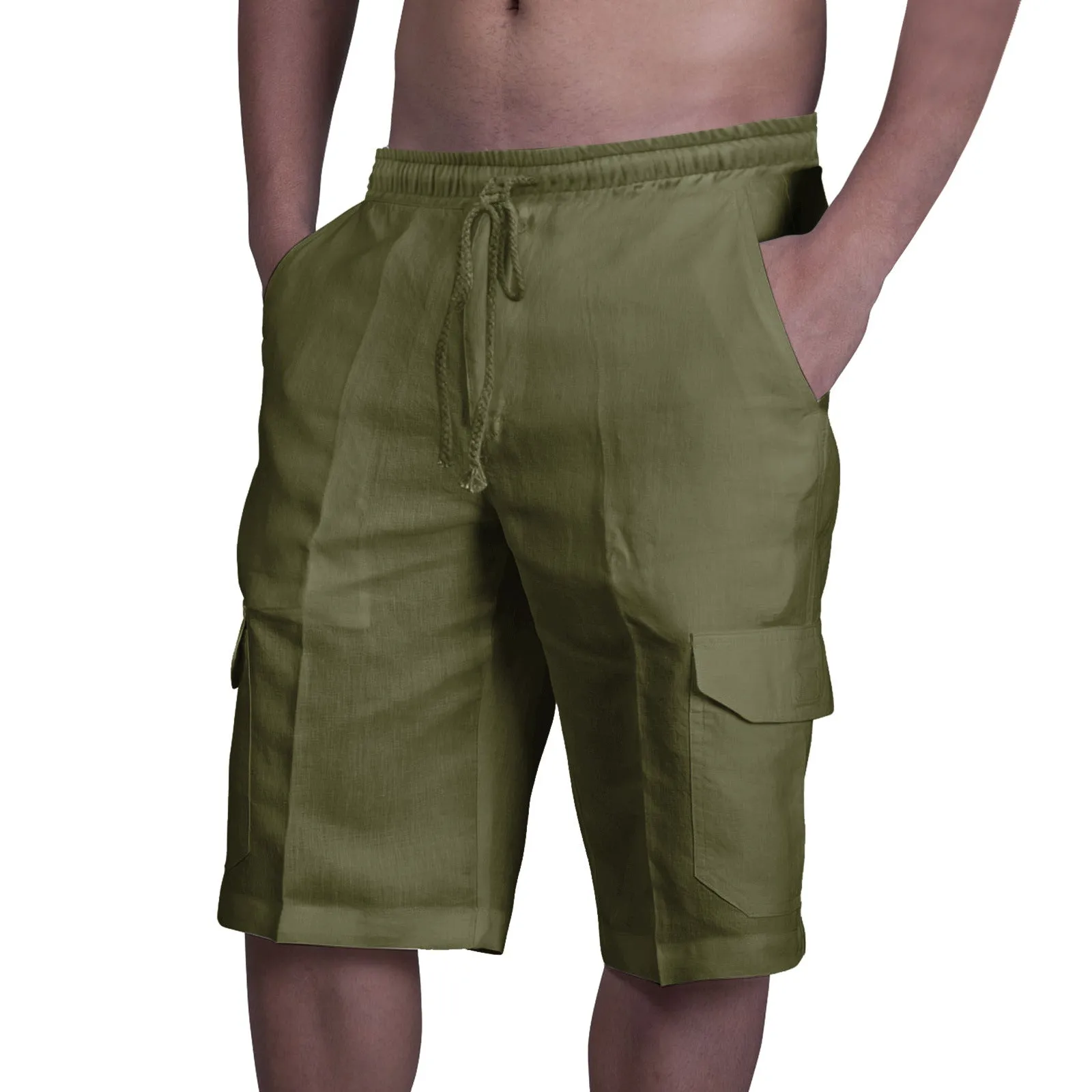 Men's cotton linen multi-pocket tie beach cargo pants in khaki, front view