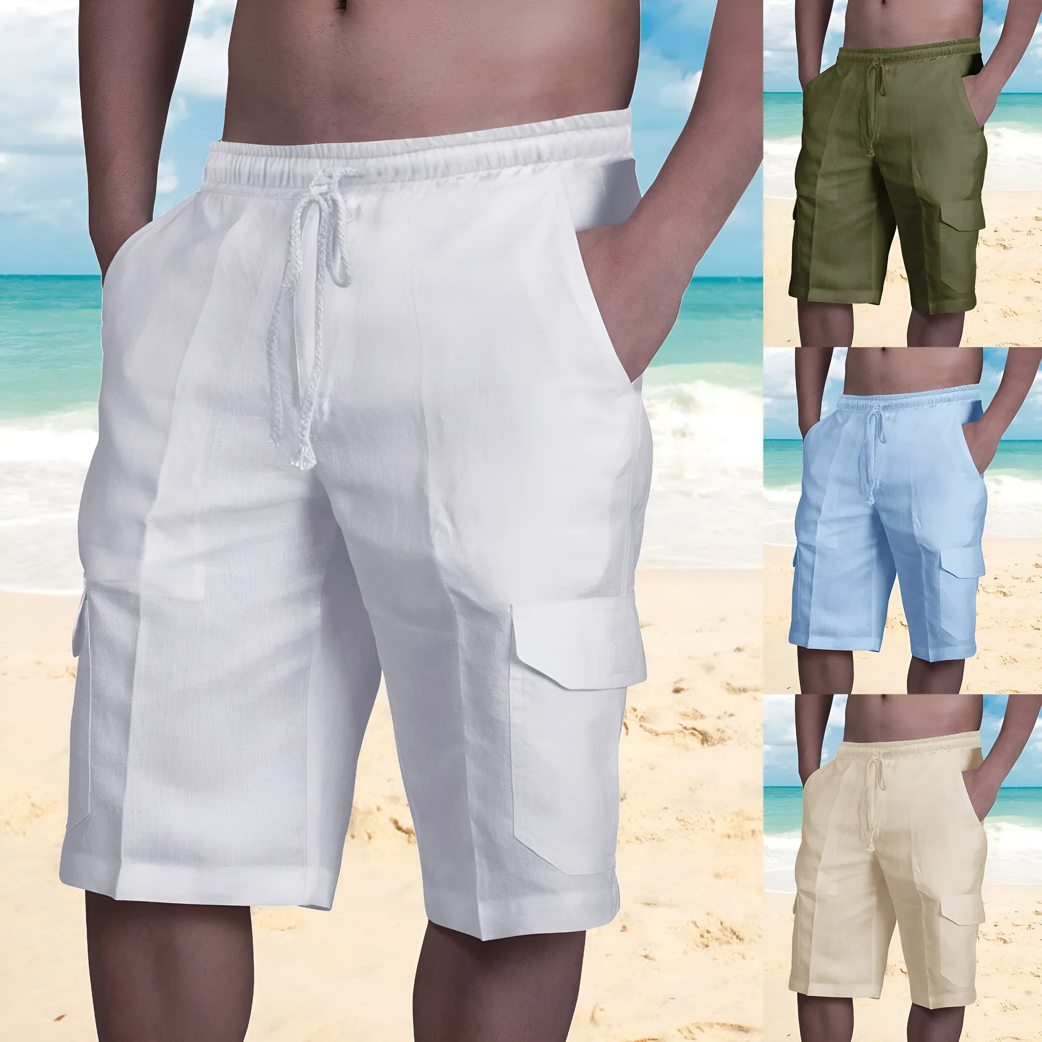 Men's cotton linen multi-pocket tie beach cargo pants in khaki, front view