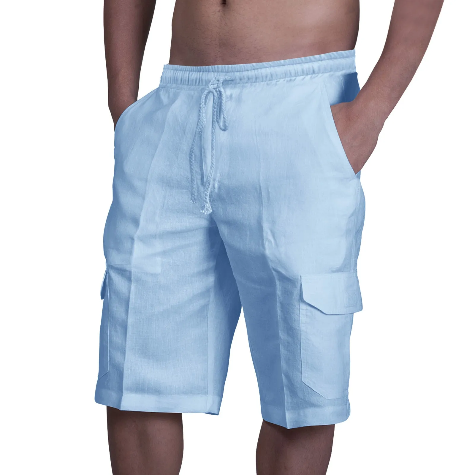 Men's cotton linen multi-pocket tie beach cargo pants in khaki, front view