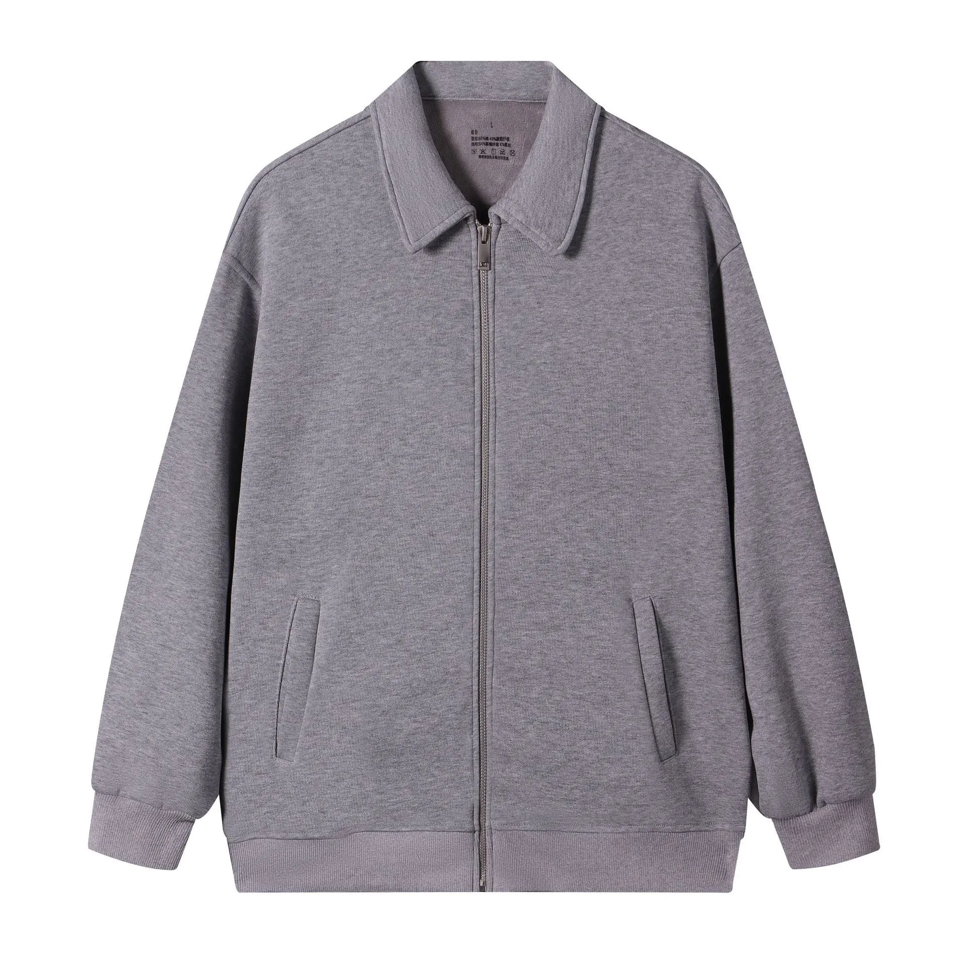 Japanese retro heavyweight 420g silver fox fleece zip-up jacket in heather gray, loose fit with lapel collar