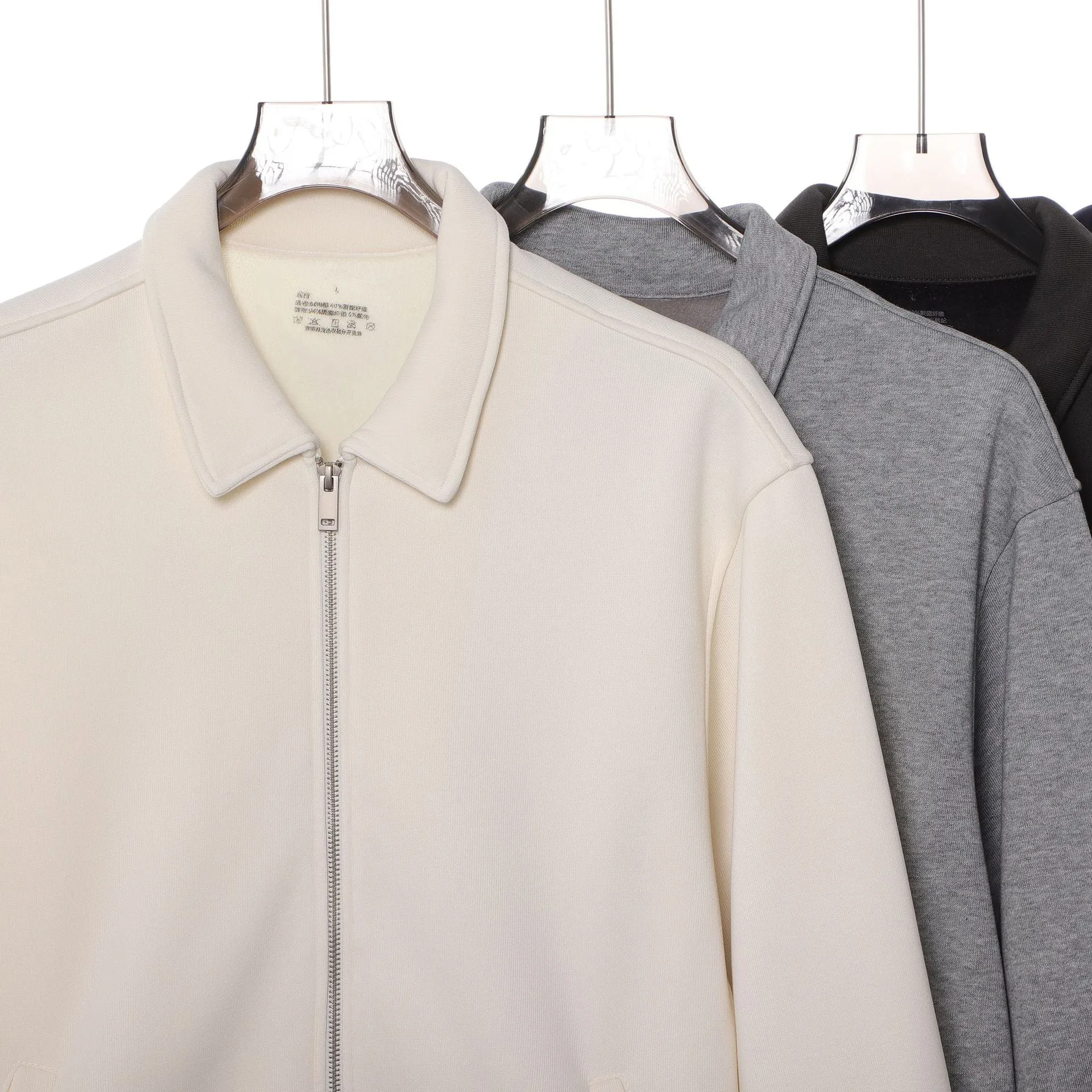 Japanese retro heavyweight 420g silver fox fleece zip-up jacket in heather gray, loose fit with lapel collar
