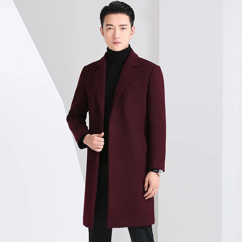 Men's slim-fit Korean-style mid-length wool coat in solid colour with side seam pockets, straight hem, black option