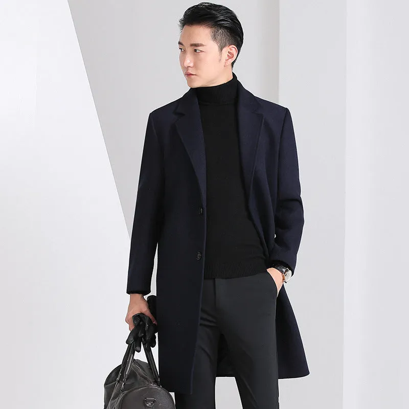 Men's slim-fit Korean-style mid-length wool coat in solid colour with side seam pockets, straight hem, black option