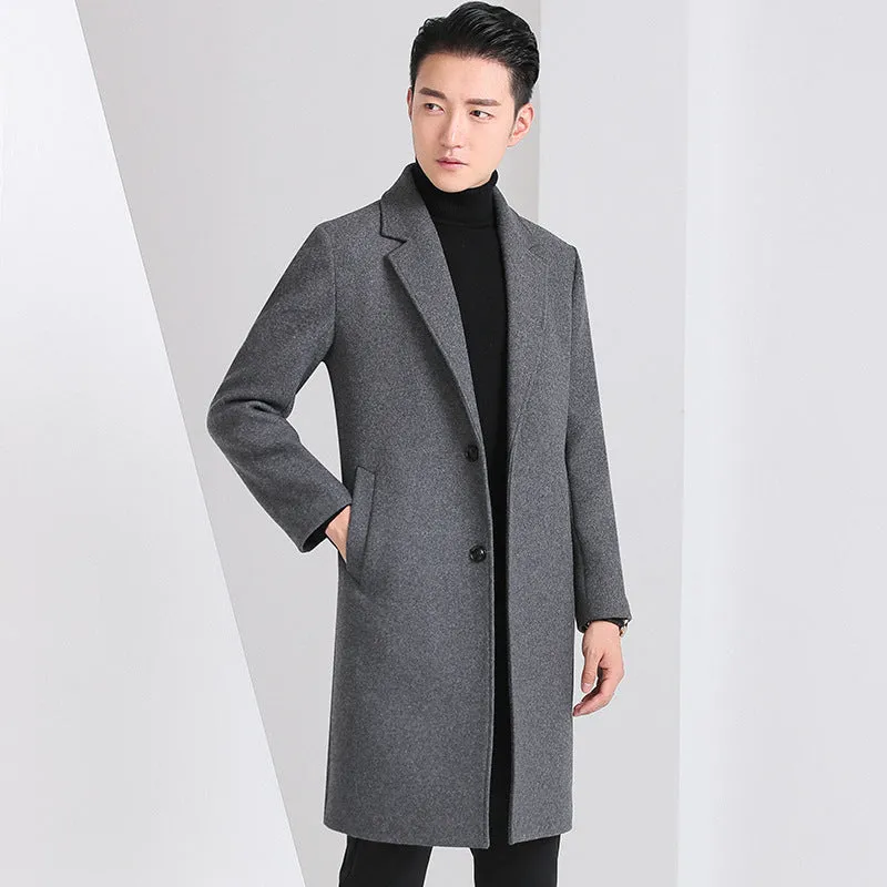 Men's slim-fit Korean-style mid-length wool coat in solid colour with side seam pockets, straight hem, black option