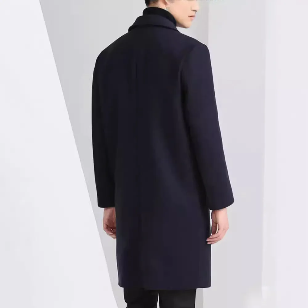 Men's slim-fit Korean-style mid-length wool coat in solid colour with side seam pockets, straight hem, black option