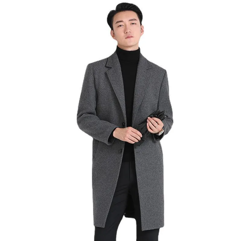 Men's slim-fit Korean-style mid-length wool coat in solid colour with side seam pockets, straight hem, black option