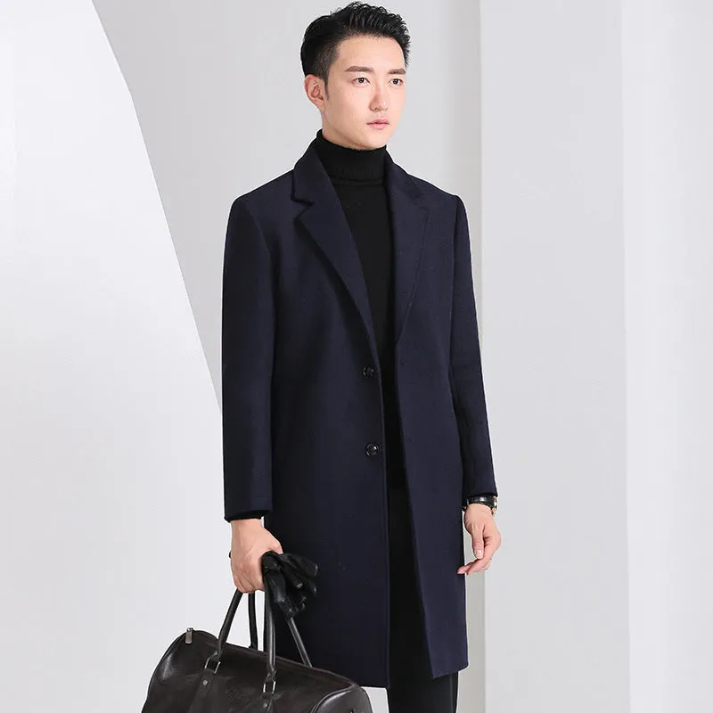 Men's slim-fit Korean-style mid-length wool coat in solid colour with side seam pockets, straight hem, black option