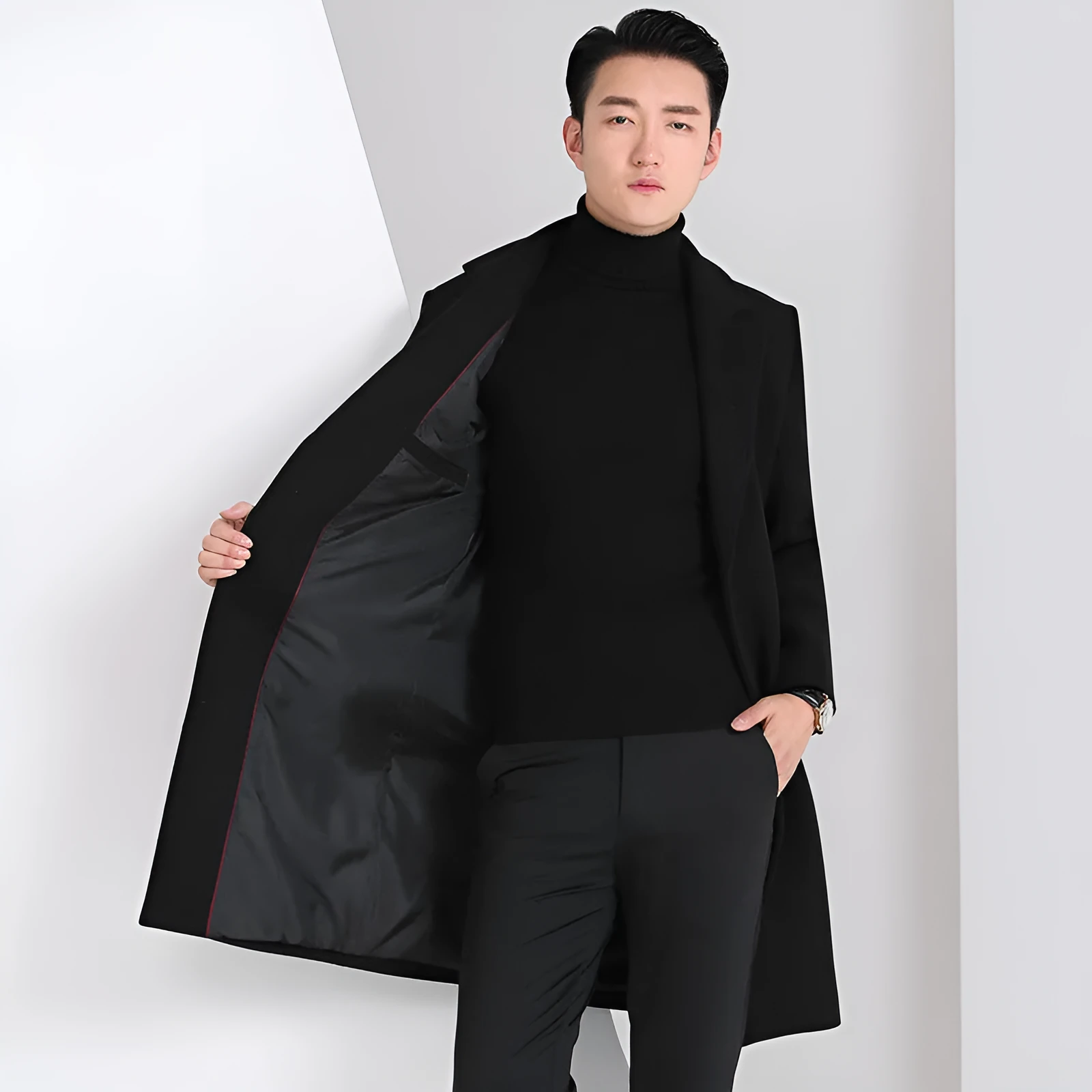 Men's slim-fit Korean-style mid-length wool coat in solid colour with side seam pockets, straight hem, black option