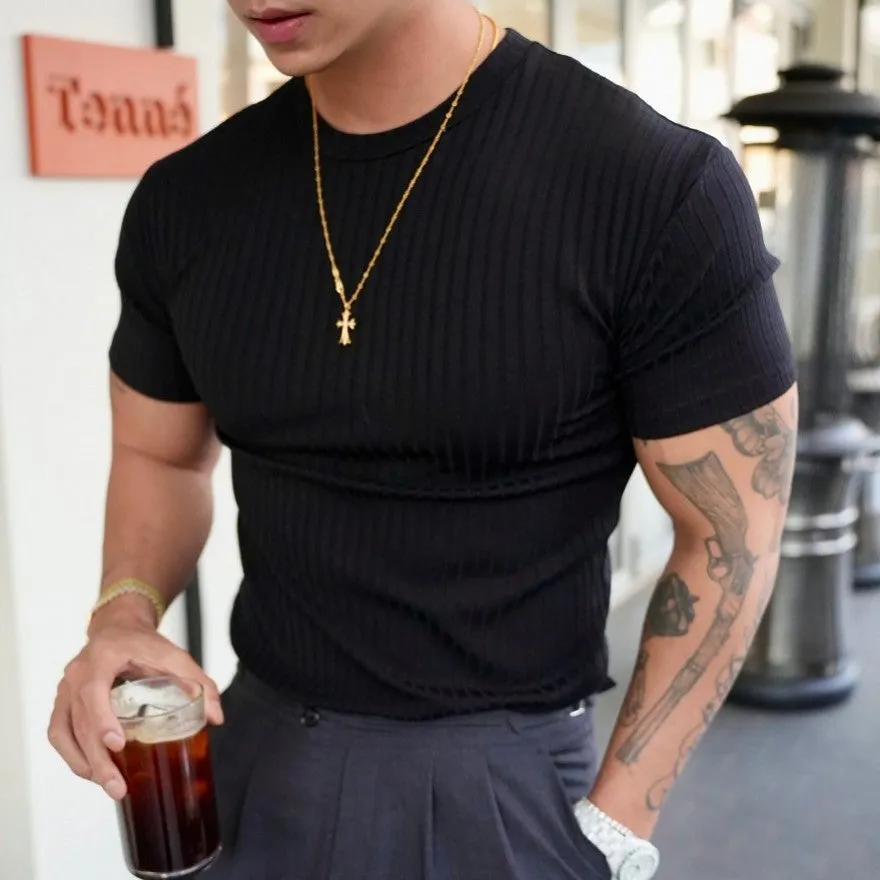 Men's cotton blend crew neck short sleeve t-shirt in black, front view, sizes M-XXXL