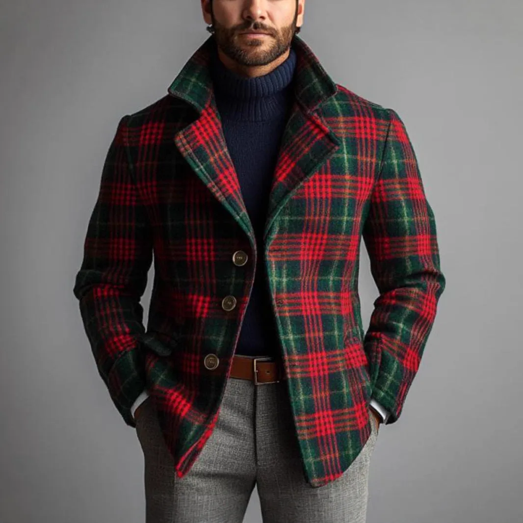Men's red striped slim fit winter jacket with patch pockets, cotton blend, long sleeves