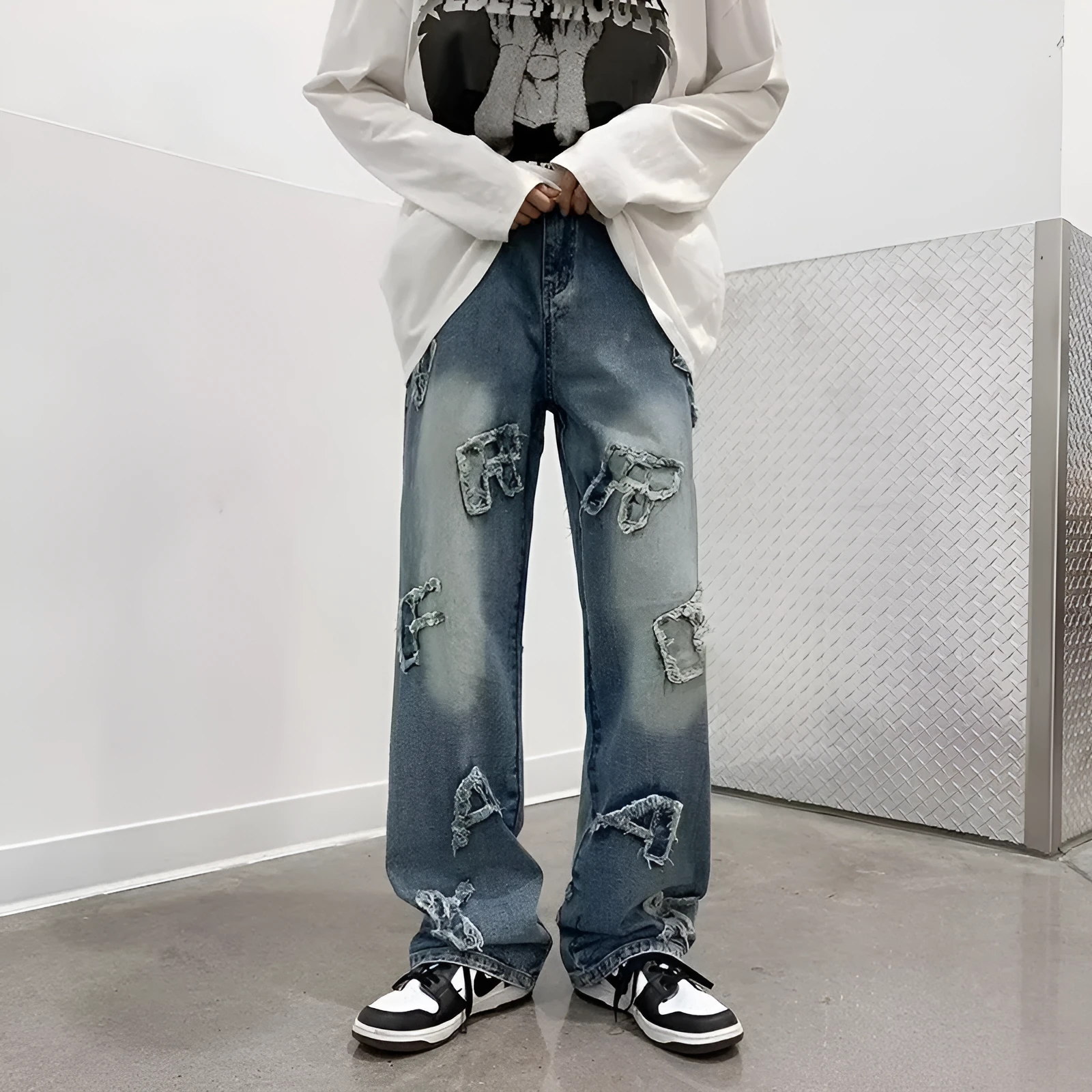 Blue men's loose retro wide-leg cotton casual trousers with mid-rise waist