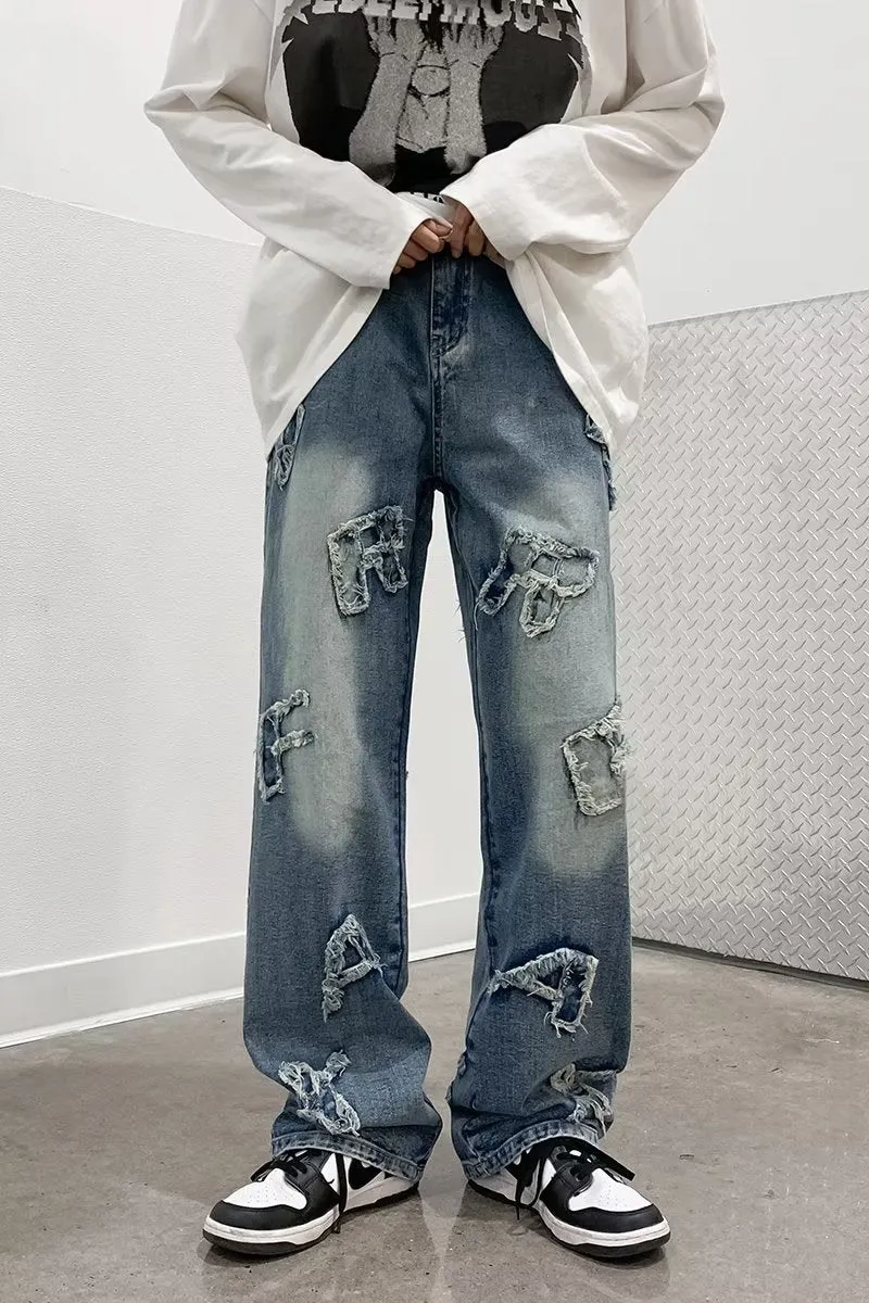 Blue men's loose retro wide-leg cotton casual trousers with mid-rise waist