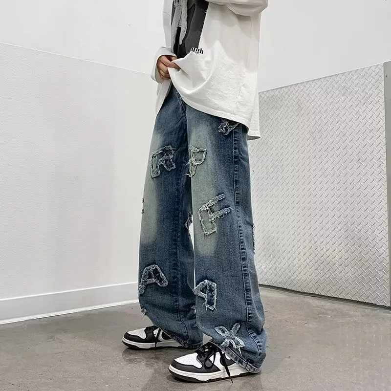 Blue men's loose retro wide-leg cotton casual trousers with mid-rise waist