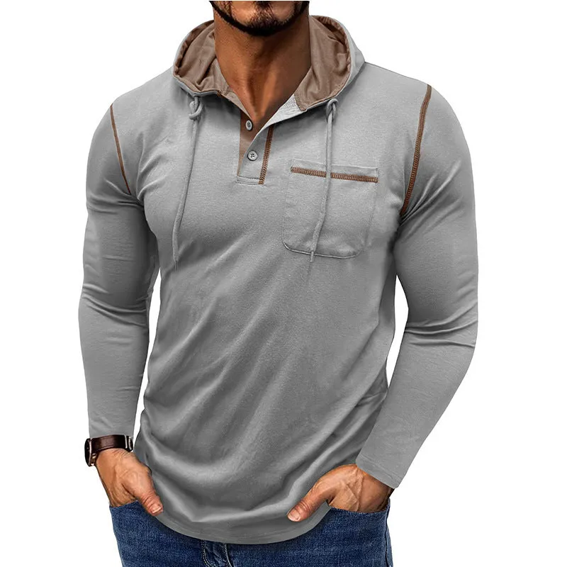 Men's long-sleeved hooded Henley shirt in wine red, showing pullover style and Hoodie neckline
