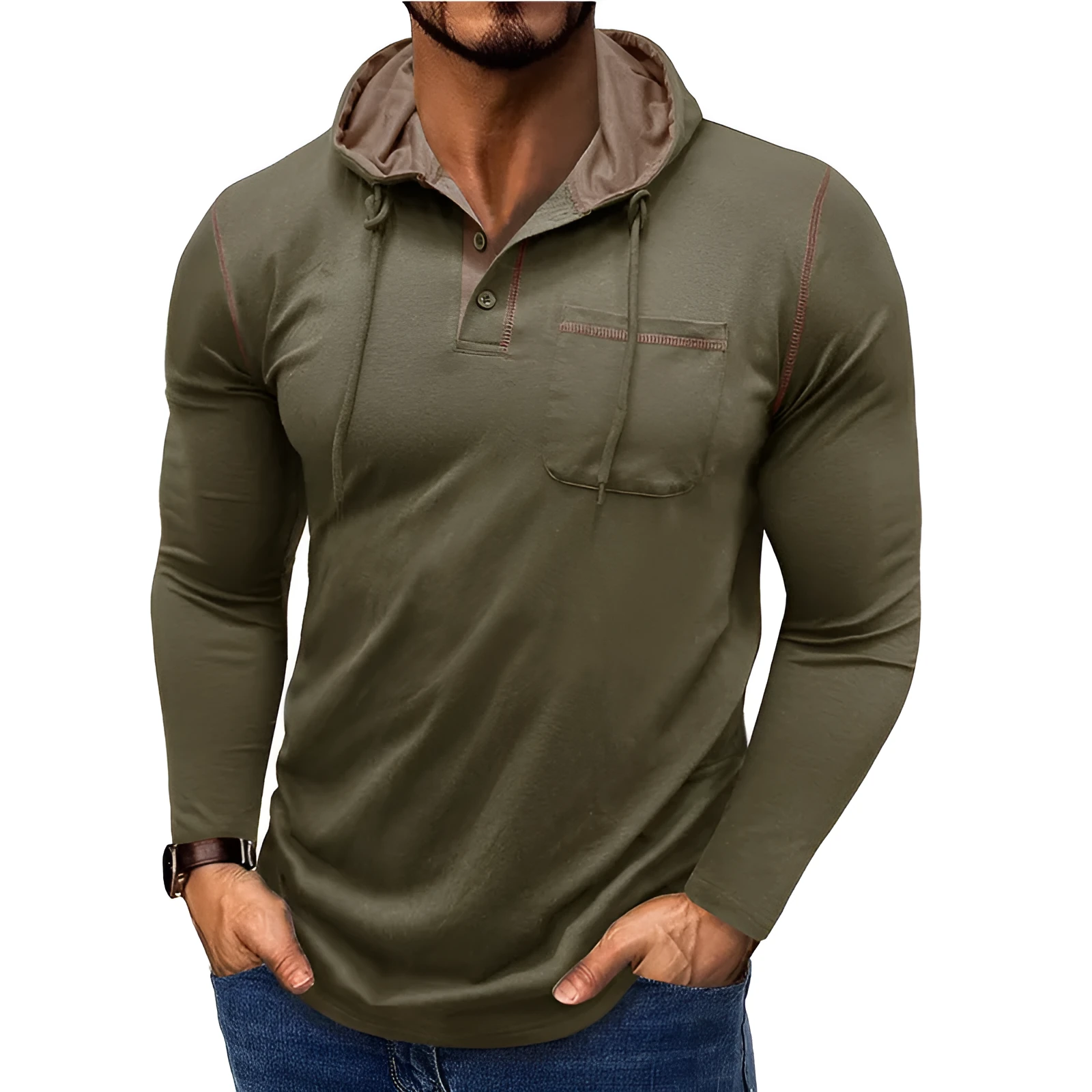 Men's long-sleeved hooded Henley shirt in wine red, showing pullover style and Hoodie neckline