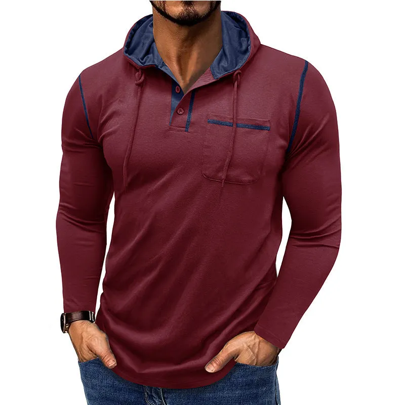 Men's long-sleeved hooded Henley shirt in wine red, showing pullover style and Hoodie neckline