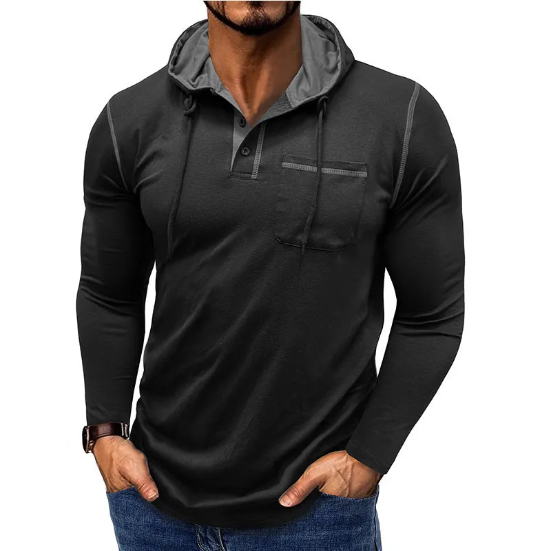 Men's long-sleeved hooded Henley shirt in wine red, showing pullover style and Hoodie neckline