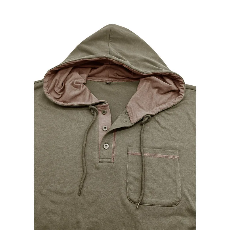 Men's long-sleeved hooded Henley shirt in wine red, showing pullover style and Hoodie neckline