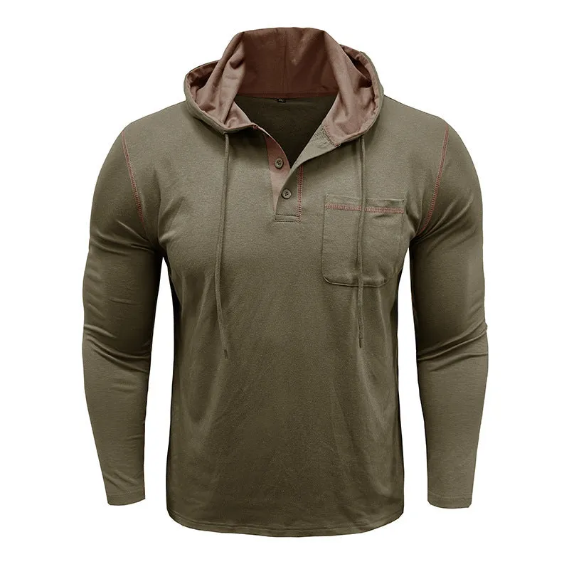 Men's long-sleeved hooded Henley shirt in wine red, showing pullover style and Hoodie neckline