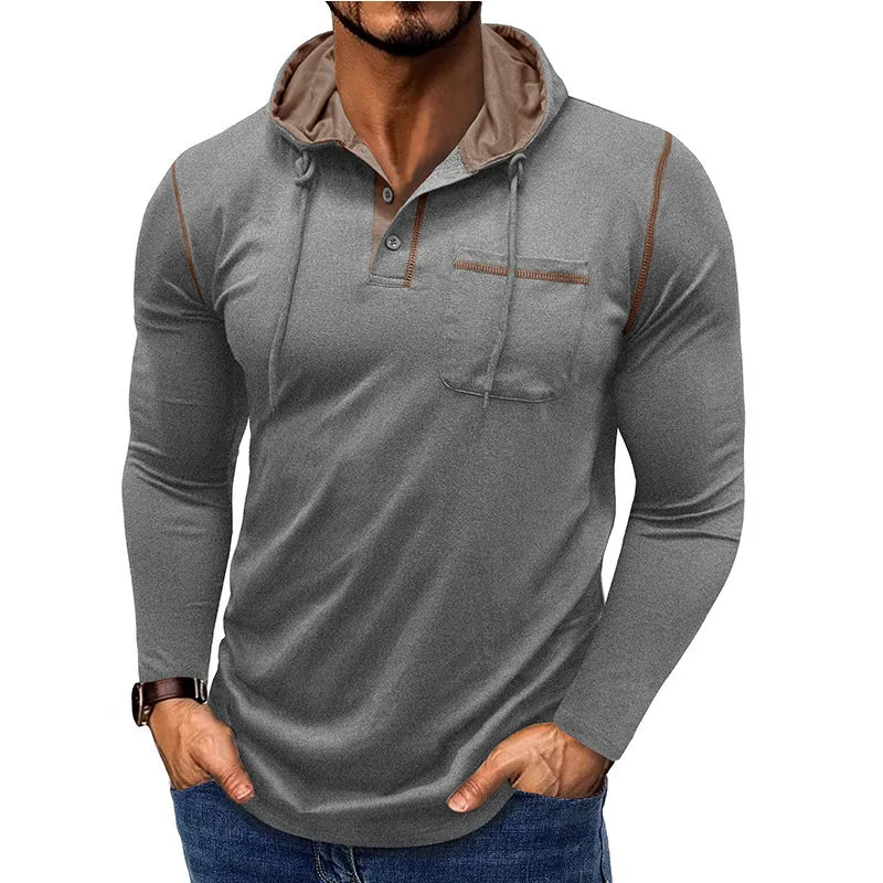 Men's long-sleeved hooded Henley shirt in wine red, showing pullover style and Hoodie neckline