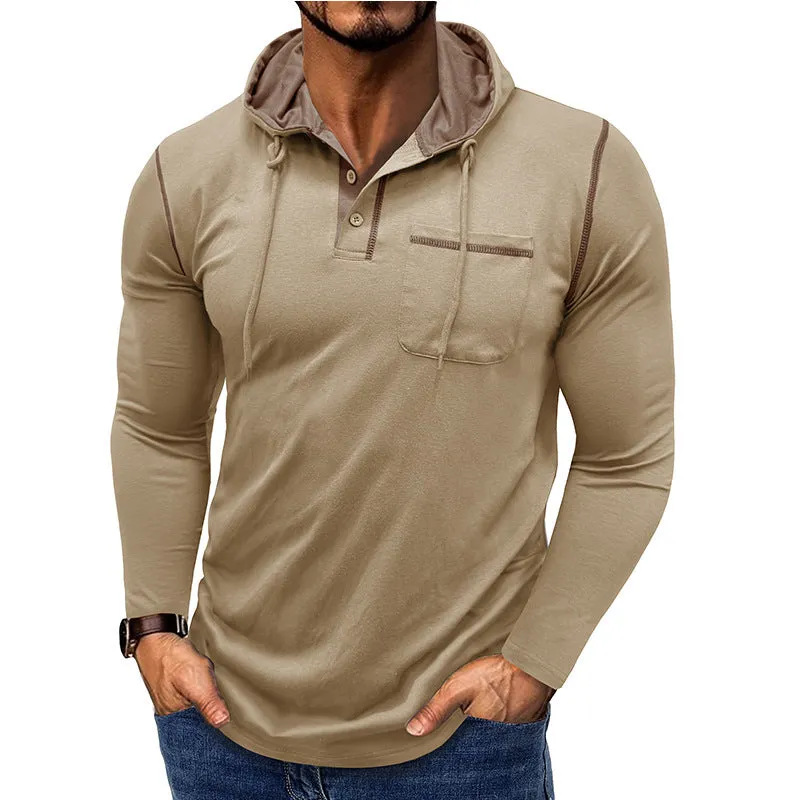 Men's long-sleeved hooded Henley shirt in wine red, showing pullover style and Hoodie neckline