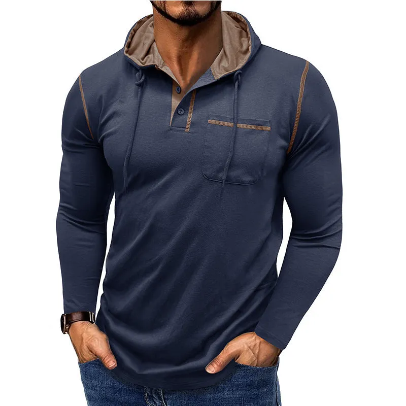 Men's long-sleeved hooded Henley shirt in wine red, showing pullover style and Hoodie neckline