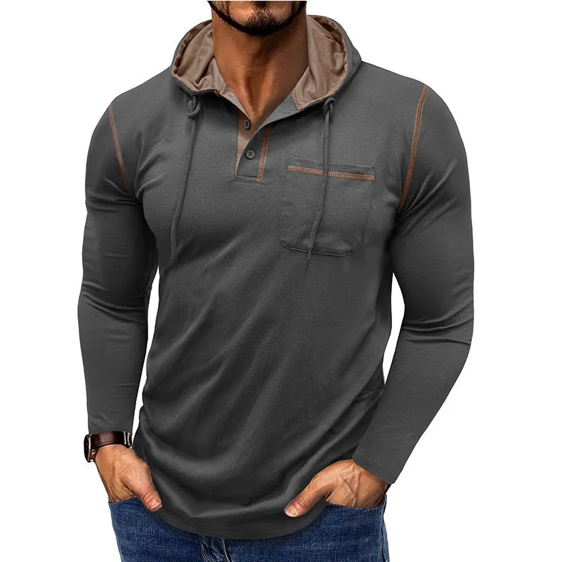 Men's long-sleeved hooded Henley shirt in wine red, showing pullover style and Hoodie neckline