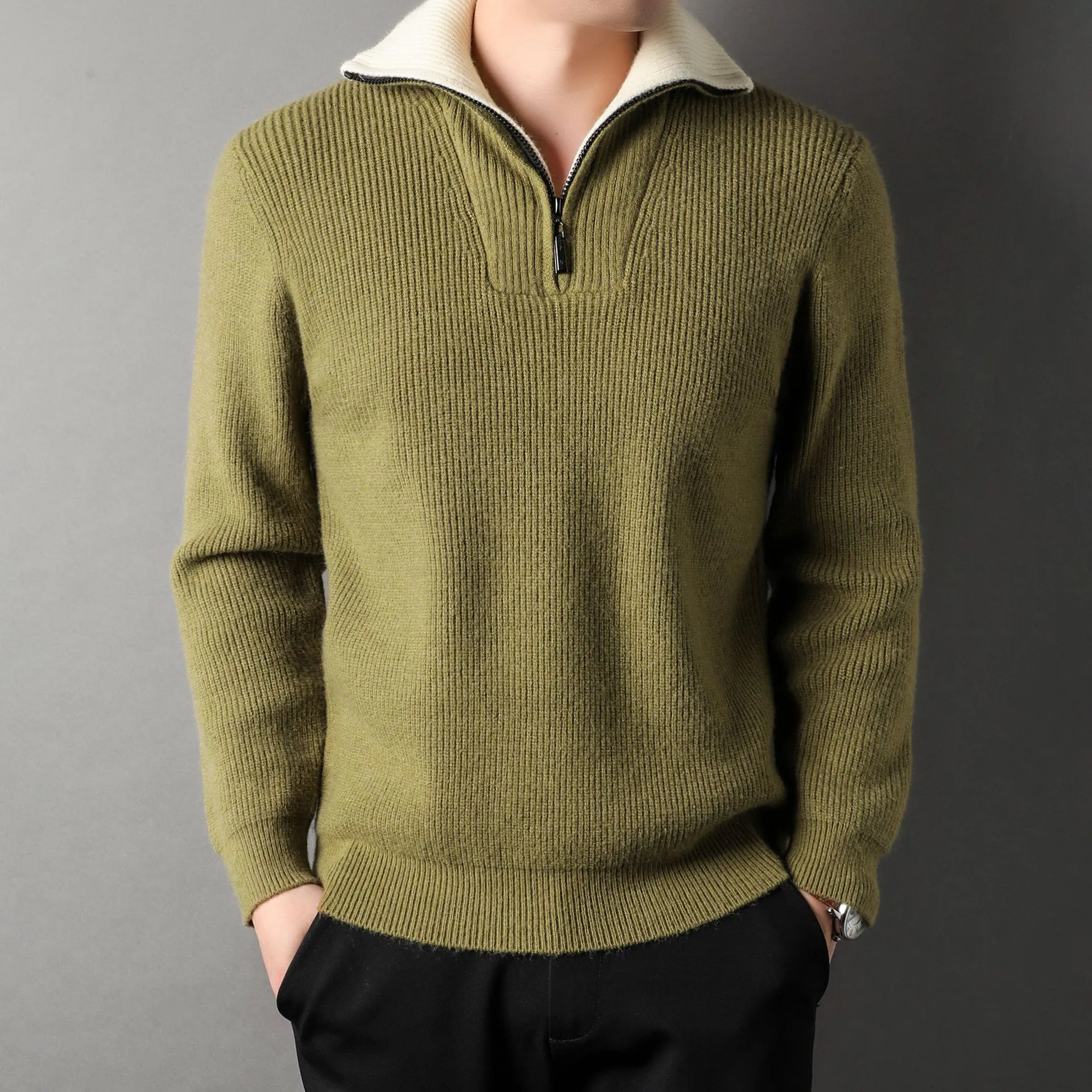 Men's twisted jacquard lapel sweater cardigan in orange, loose fit, long sleeves, autumn knitwear