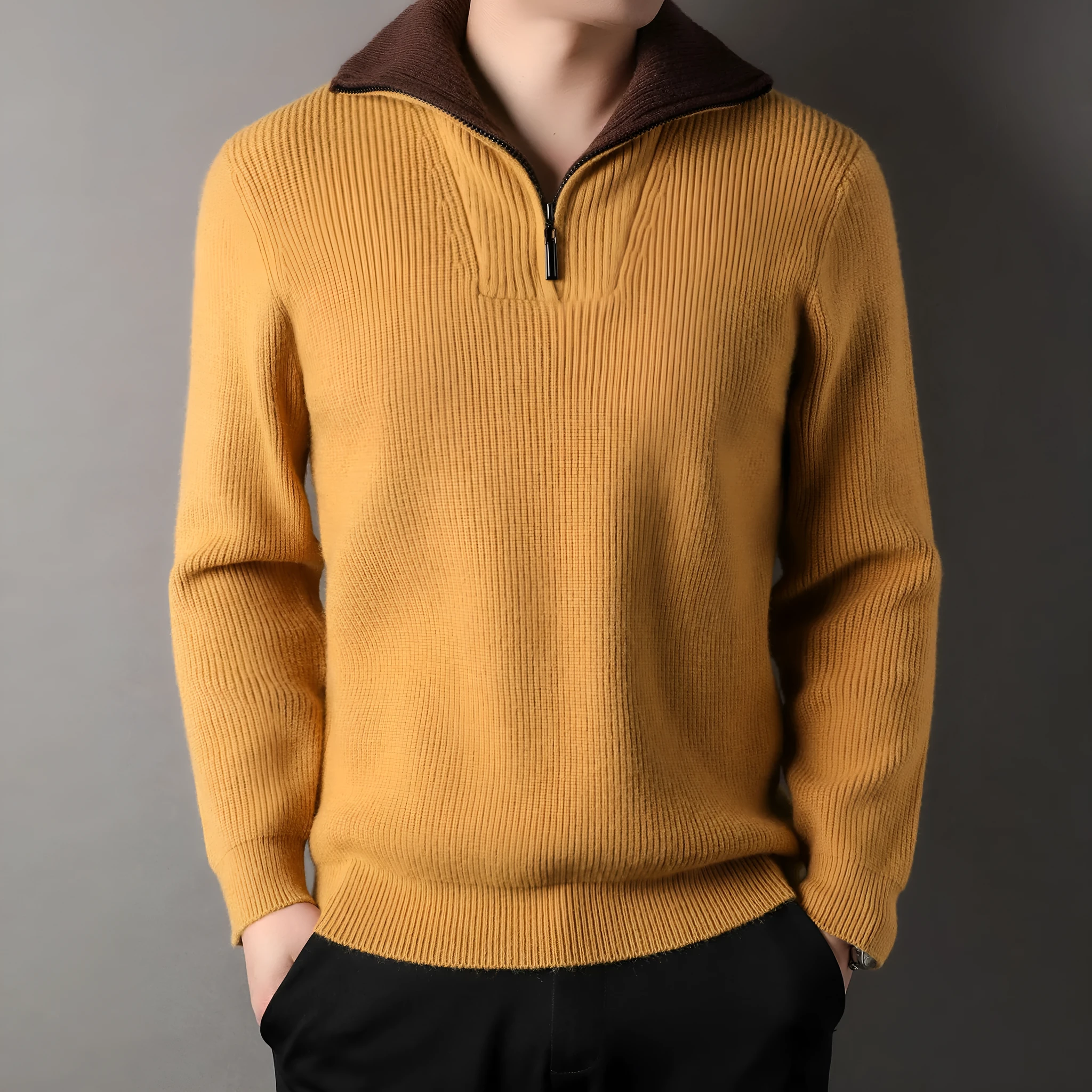 Men's twisted jacquard lapel sweater cardigan in orange, loose fit, long sleeves, autumn knitwear