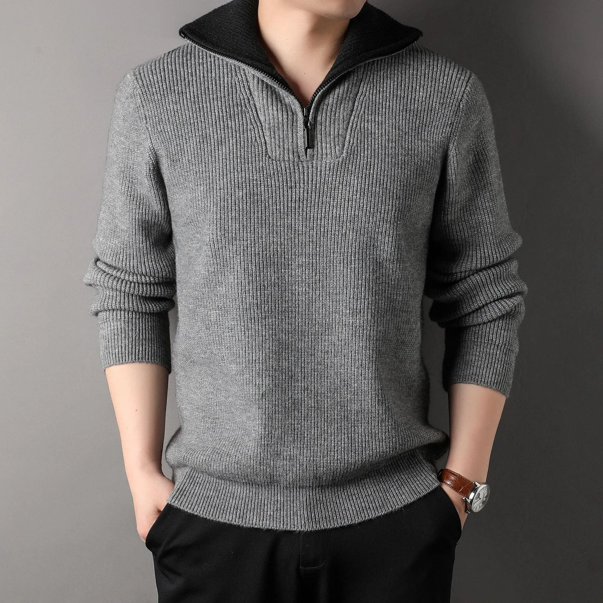 Men's twisted jacquard lapel sweater cardigan in orange, loose fit, long sleeves, autumn knitwear