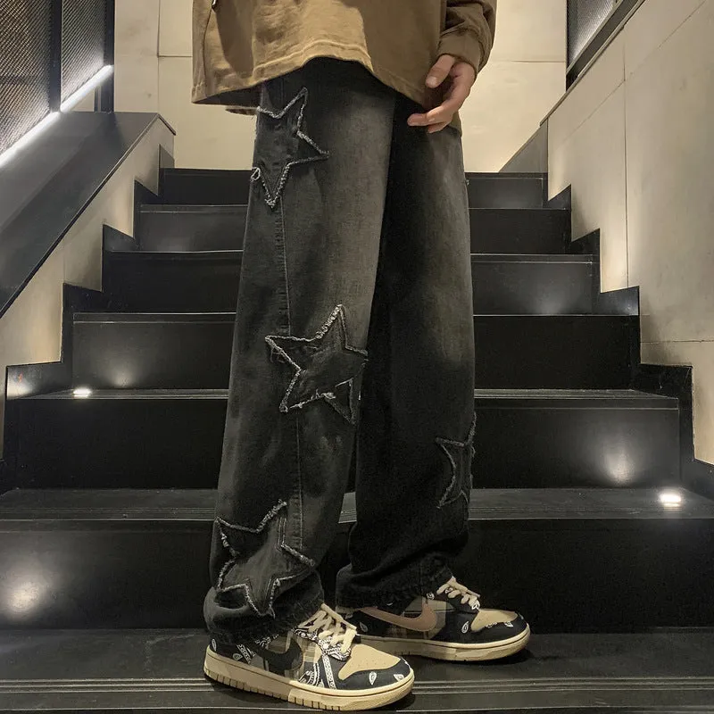 Loose fit cotton denim pants in stone washed light blue with straight leg, front view