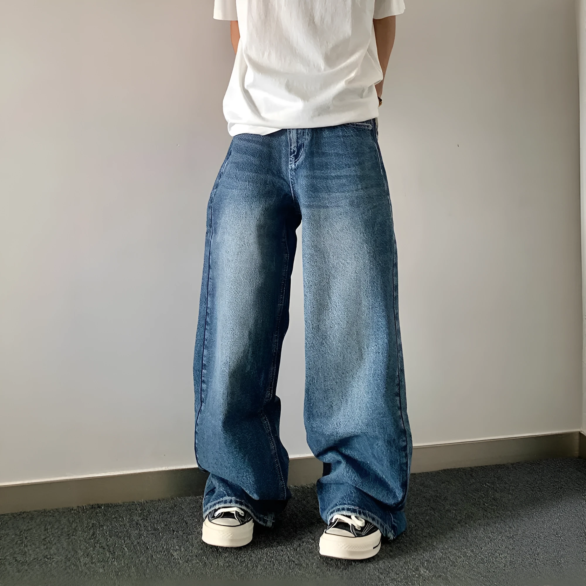 Designer embroidered high-waisted retro loose slimming trousers in blue cotton blend for teenagers
