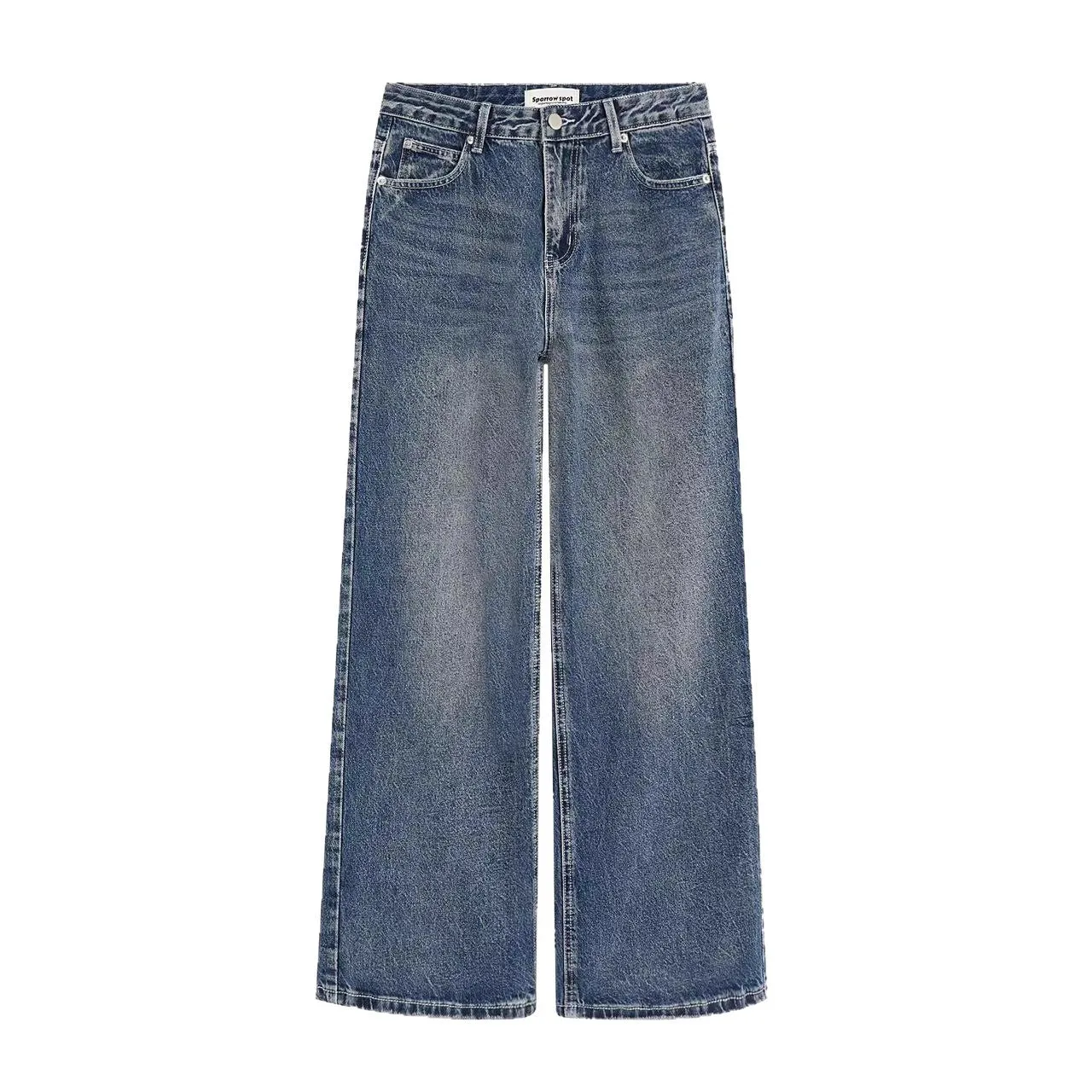 Designer embroidered high-waisted retro loose slimming trousers in blue cotton blend for teenagers