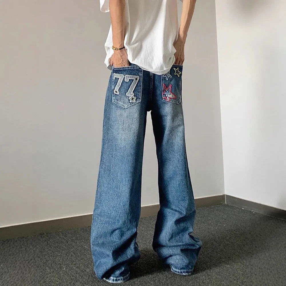 Designer embroidered high-waisted retro loose slimming trousers in blue cotton blend for teenagers