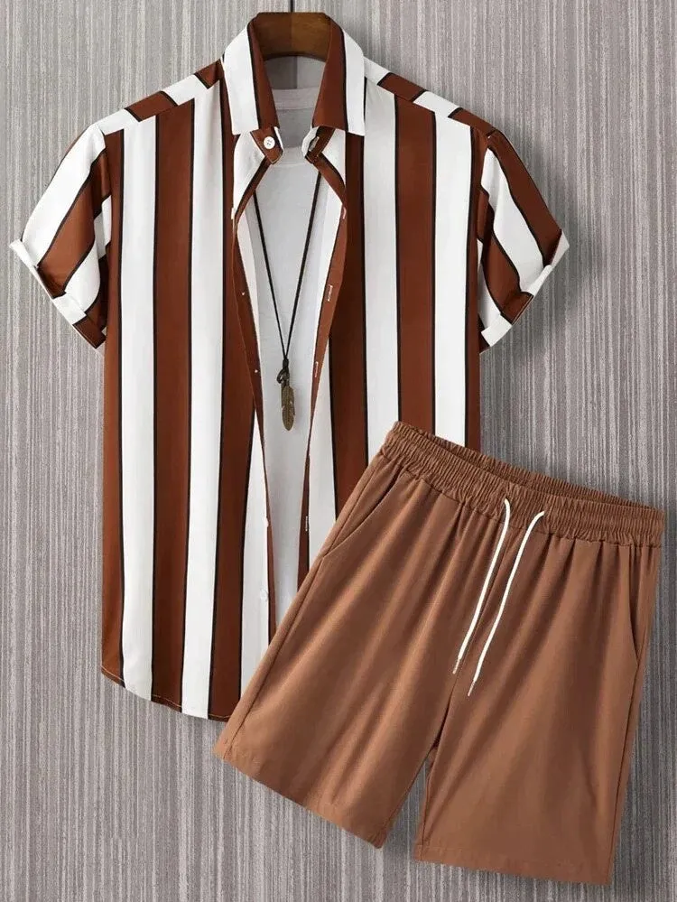 Men's beach shirt suit with short sleeves and matching shorts in polyester fabric