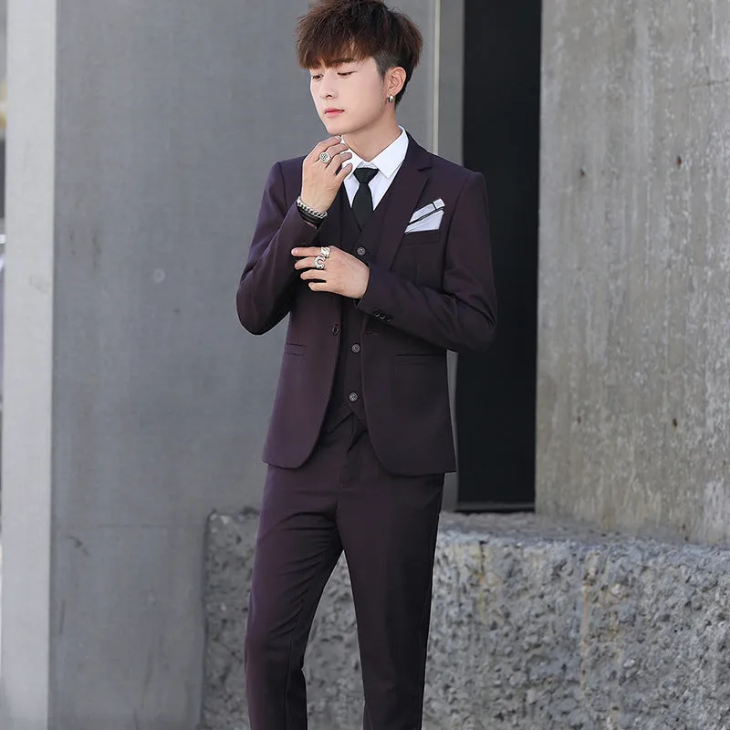 Men's three-piece Korean style slim fit suit in black with lapel collar and single button