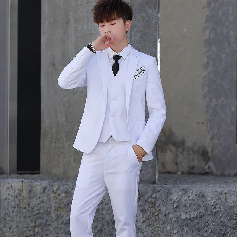Men's three-piece Korean style slim fit suit in black with lapel collar and single button