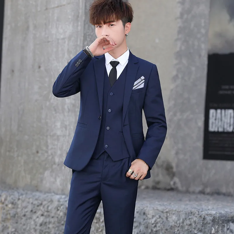 Men's three-piece Korean style slim fit suit in black with lapel collar and single button