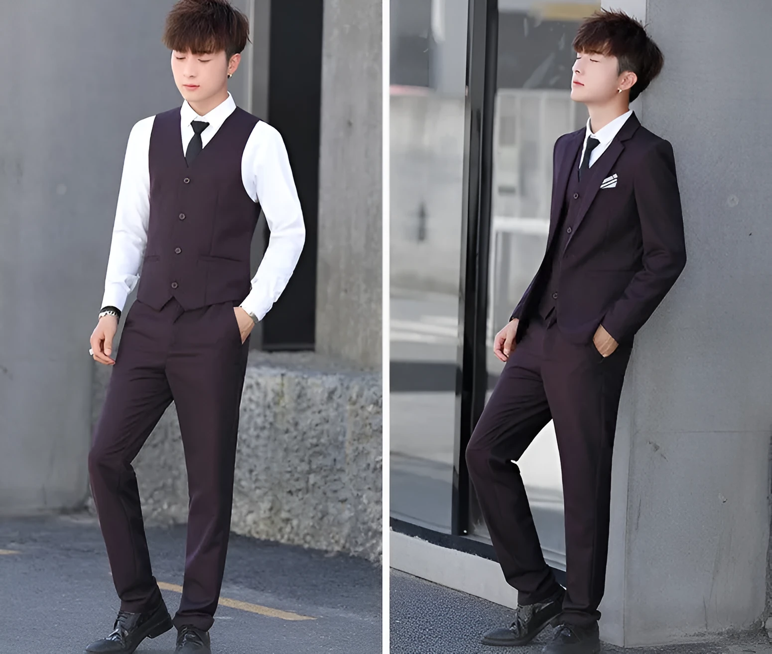 Men's three-piece Korean style slim fit suit in black with lapel collar and single button