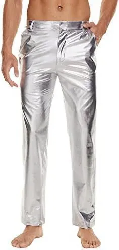 Shiny wet-look disco pants, straight leg capri style, in silver with high elastic waistband