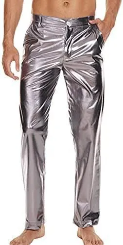 Shiny wet-look disco pants, straight leg capri style, in silver with high elastic waistband